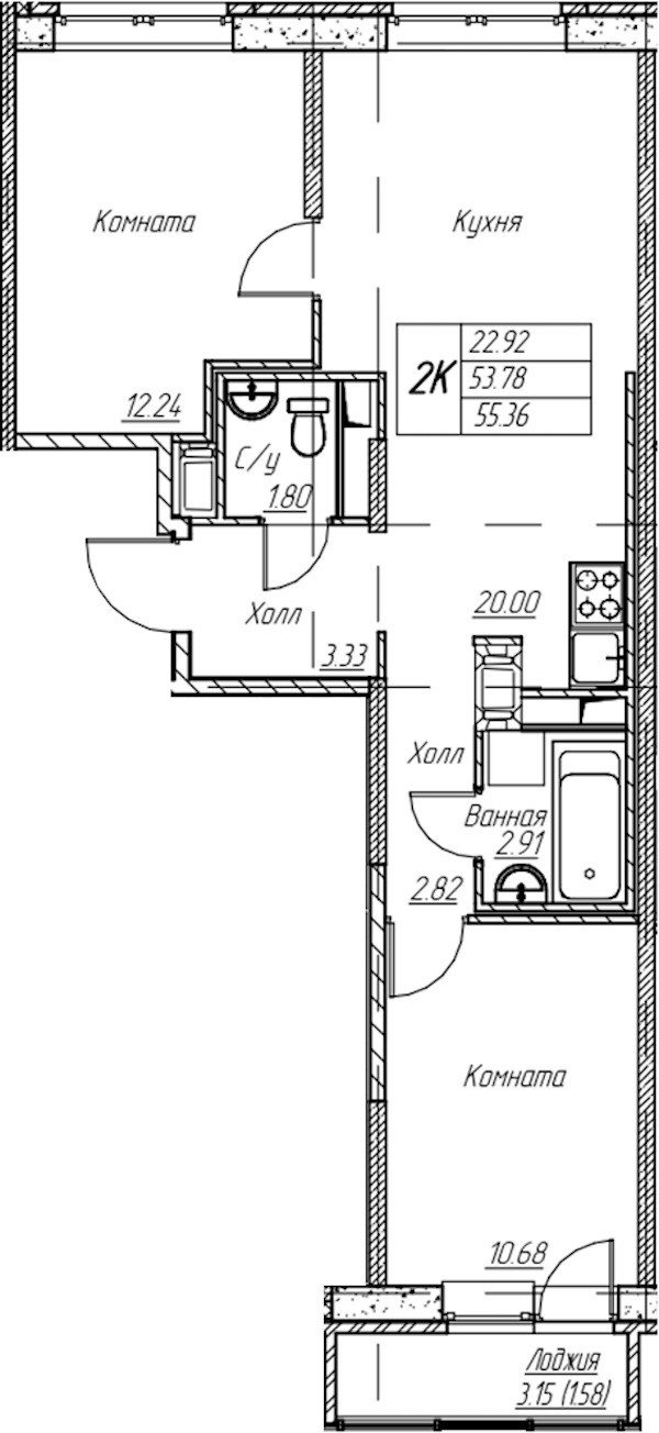 2-комнатная квартира 55.36 м², 4/22 эт., ЖК «Парк-квартал Юнтолово»